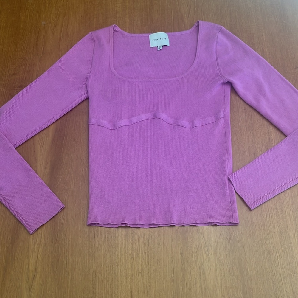 Pink Rose Deep Scoop Neck Long Sleeve Sweater, Super Soft & Stretchy, Size M